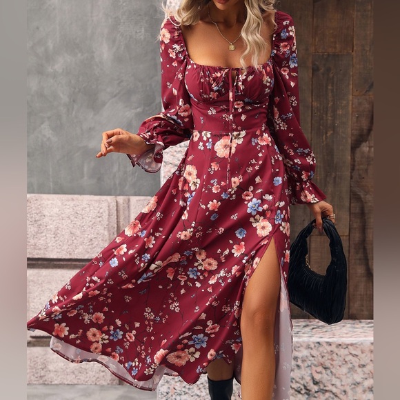 Boho floral ruffle split thigh square neck maxi dress white - Picture 8 of 8